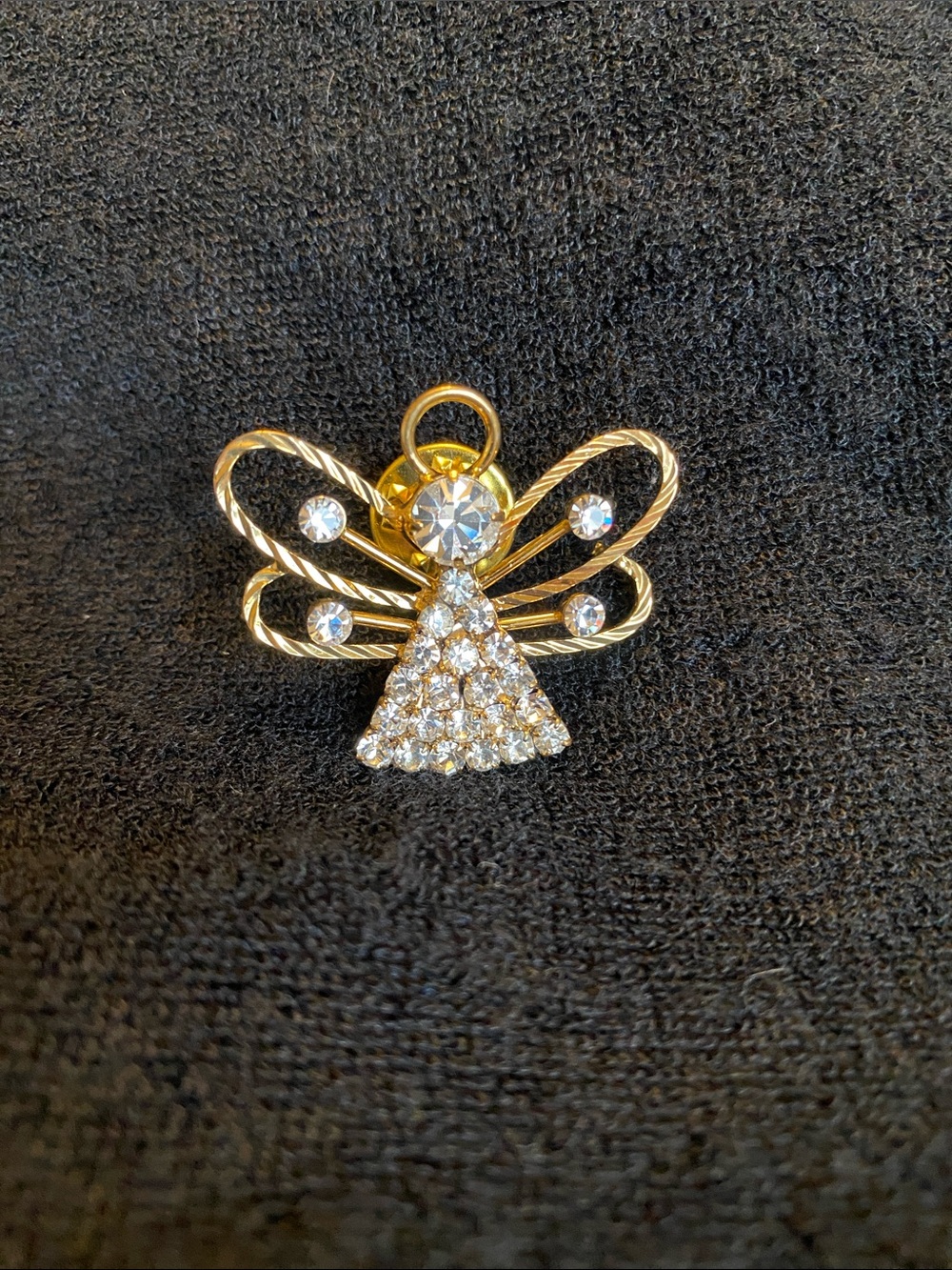 Gold Tone Crystal Angel Pin Brooch - Clear Crystals